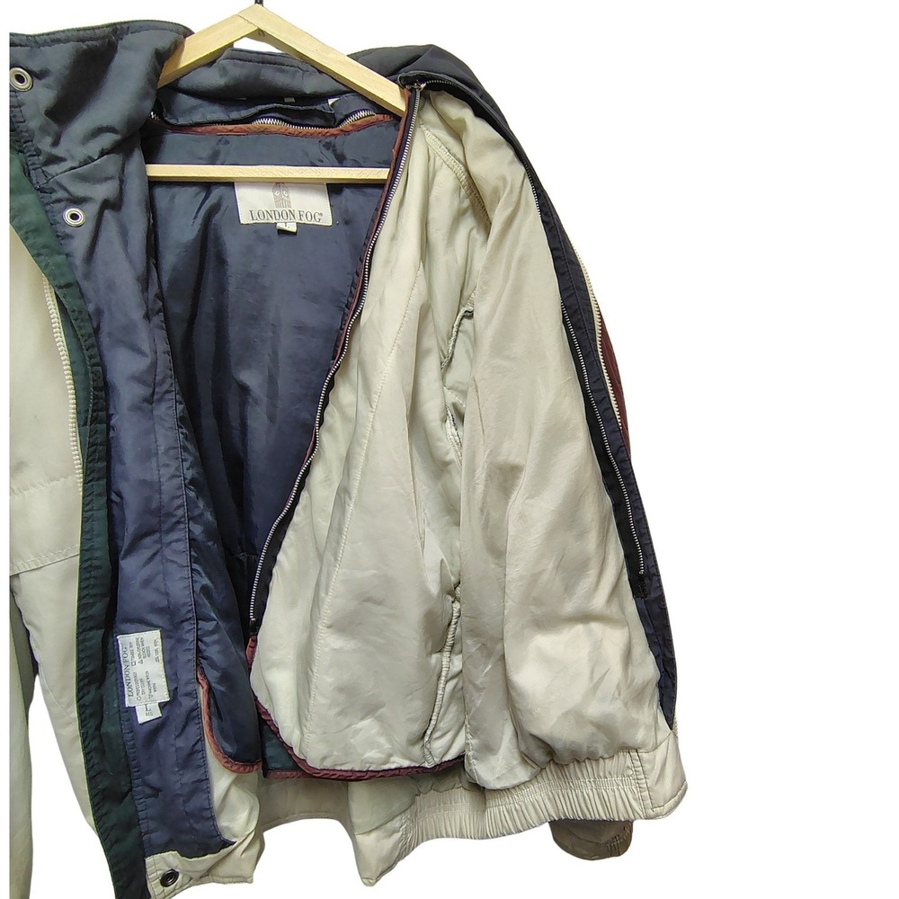 Vintage London Fog Mens Beige Bomber Jacket Large Removable Liner Concealed Hood - Picture 5 of 8
